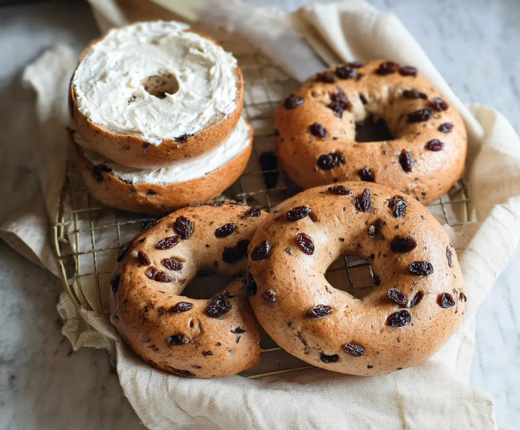 Delicious cinnamon raisin yogurt bagels topped with creamy frosting and sprinkled with cinnamon and raisins.