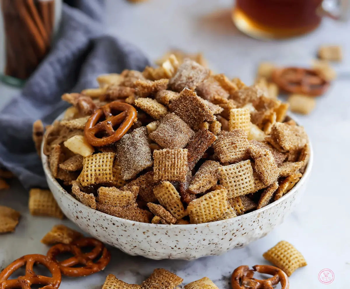 Delicious cinnamon sugar Chex Mix in a bowl, perfect for snacking.