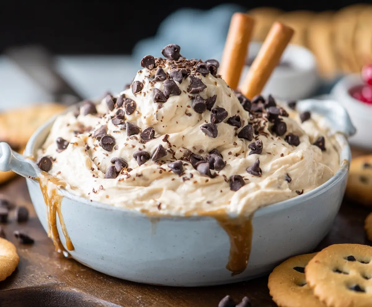 Delicious chocolate chip cookie dough dip served with cookies and fruits for dipping.