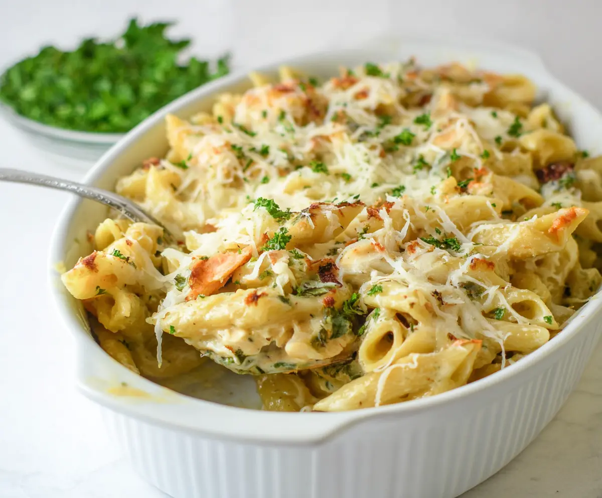 Delicious Cottage Cheese Alfredo Pasta Bake with creamy sauce and melted cheese
