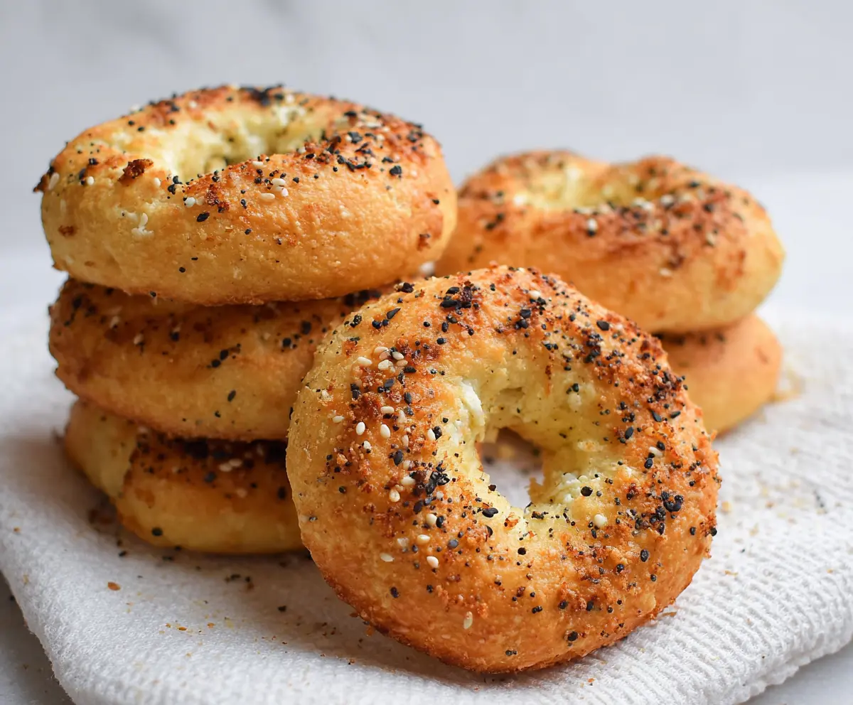 Homemade cottage cheese almond flour bagels on a wooden cutting board with fresh herbs.