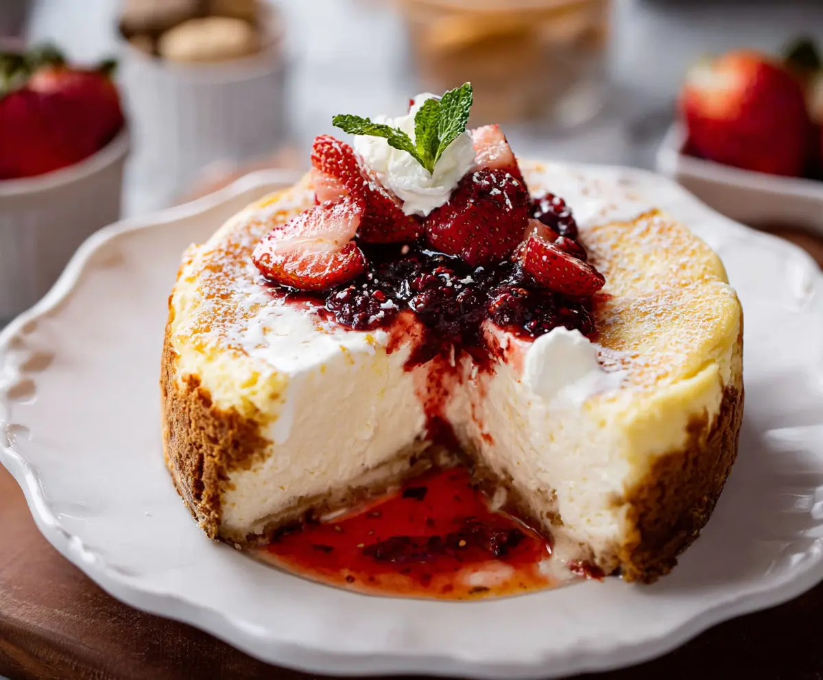 Creamy cottage cheese cheesecake with a graham cracker crust and fresh fruit topping.