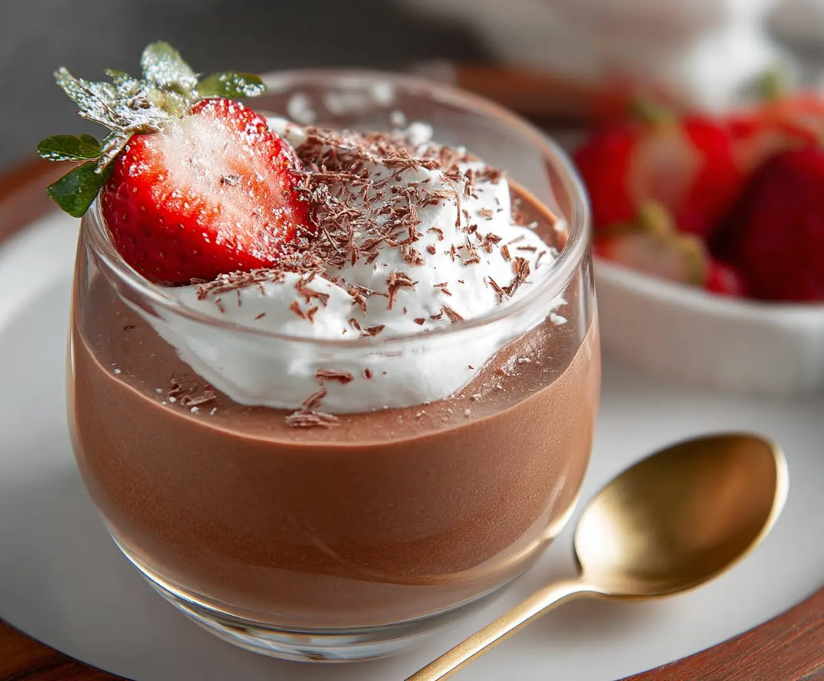 Creamy cottage cheese chocolate mousse served in a glass bowl, perfect for a healthy dessert. Salivating dessert with rich chocolate.