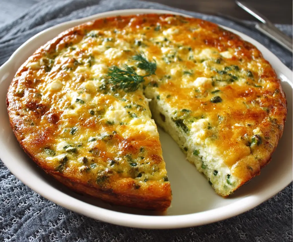 Delicious cottage cheese crustless quiche with fresh herbs and vegetables on a plate.