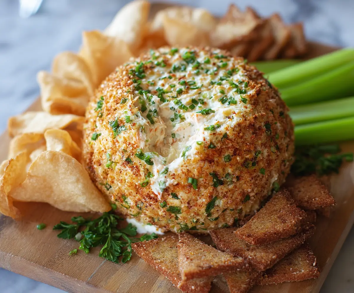 Creamy crab dip cheese ball garnished with fresh herbs for appetizer