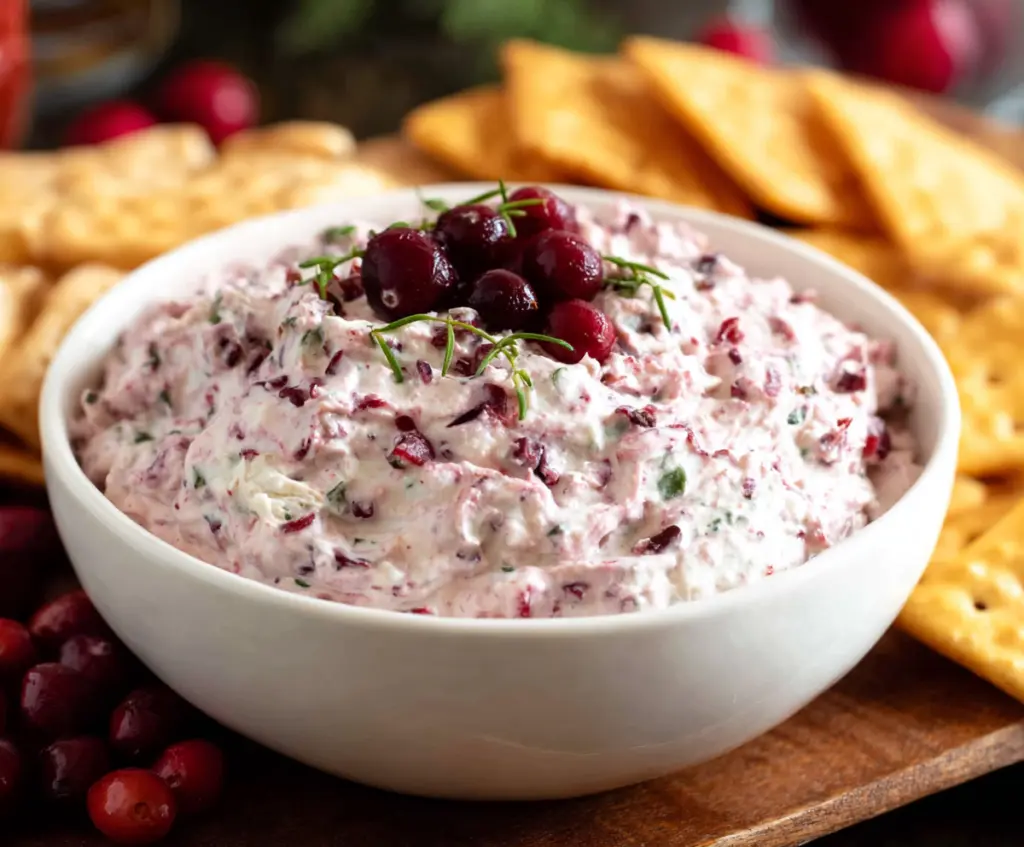 Creamy cranberry jalapeno dip in a bowl, garnished with fresh herbs for a spicy and sweet appetizer.
