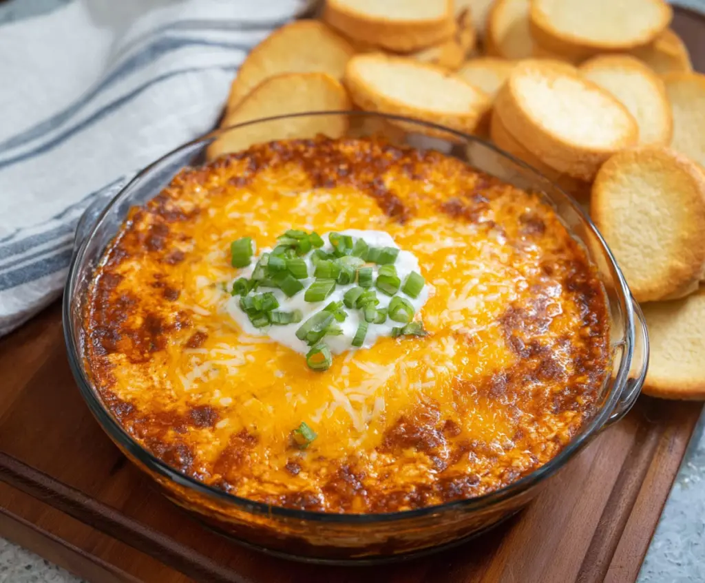 Cream cheese chili dip served with fresh tortilla chips, perfect for parties and gatherings.