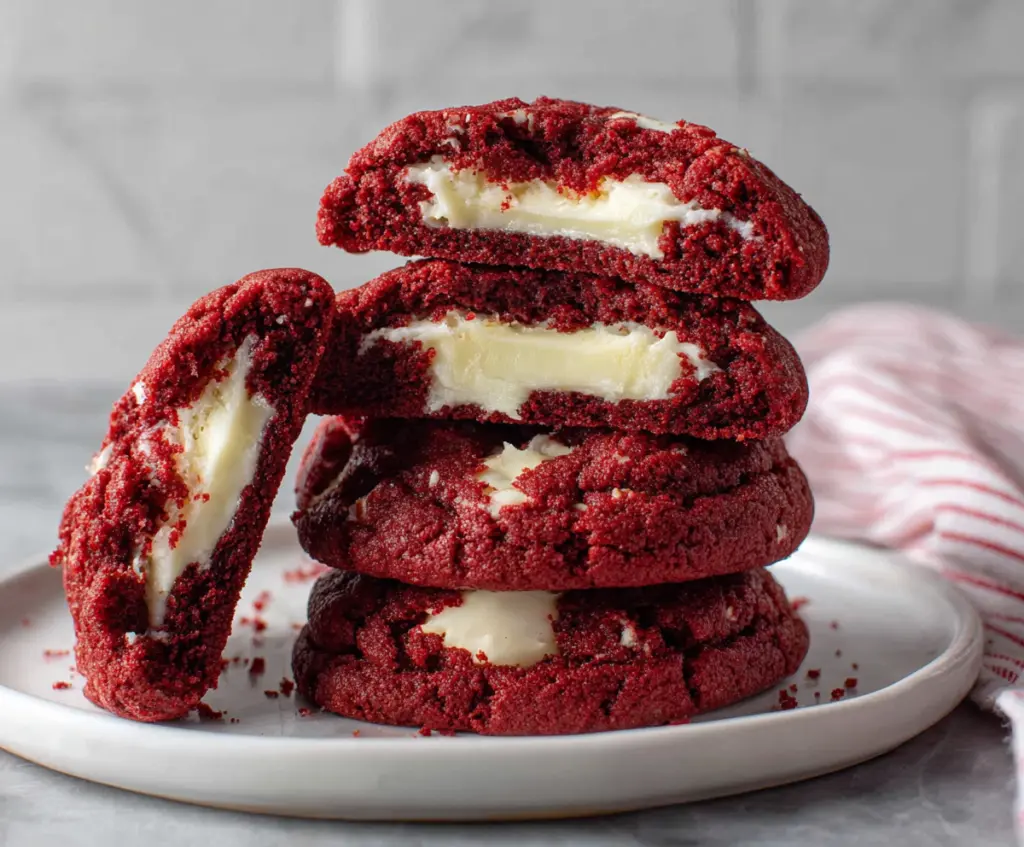 Delicious cream cheese filled red velvet cookies with a rich, moist texture and vibrant red color.