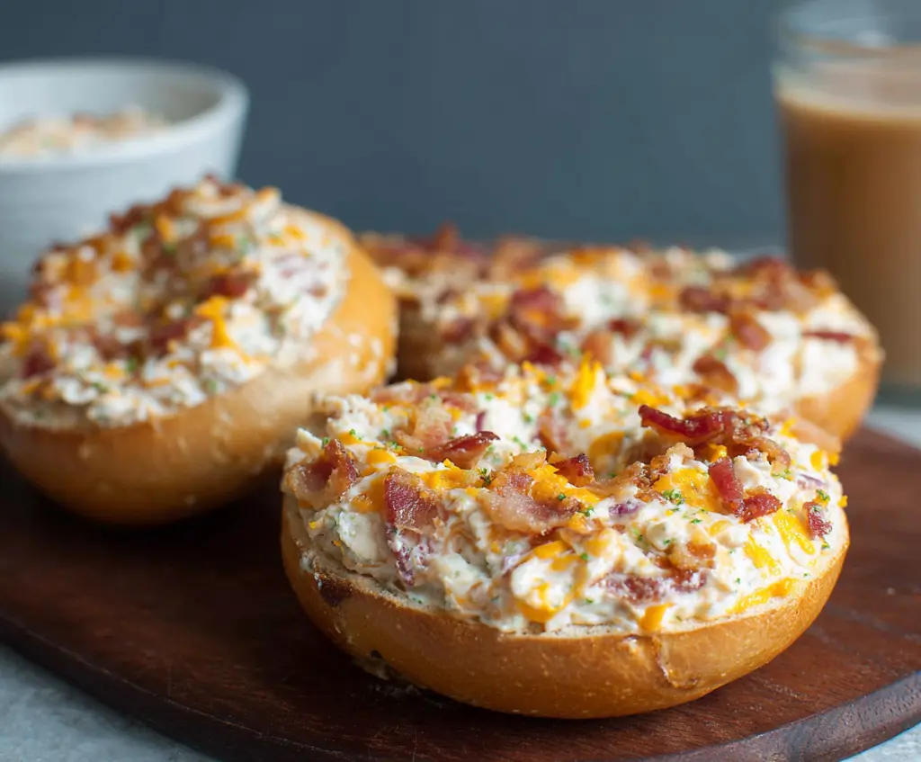 Delicious creamy bacon cheddar bagels with melted cheese and crispy bacon topping.