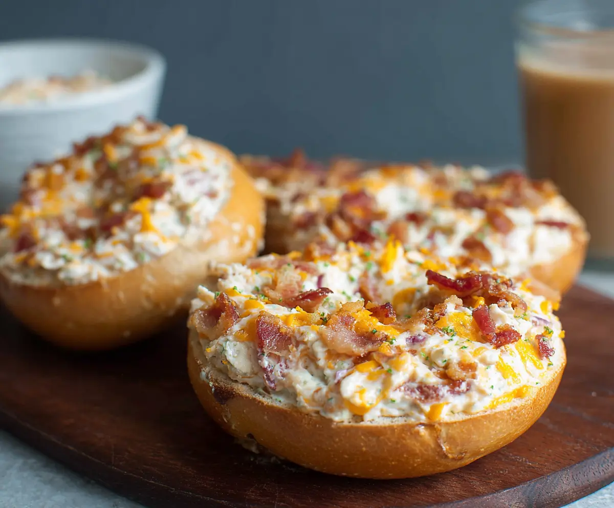 Delicious creamy bacon cheddar bagels with melted cheese and crispy bacon topping.