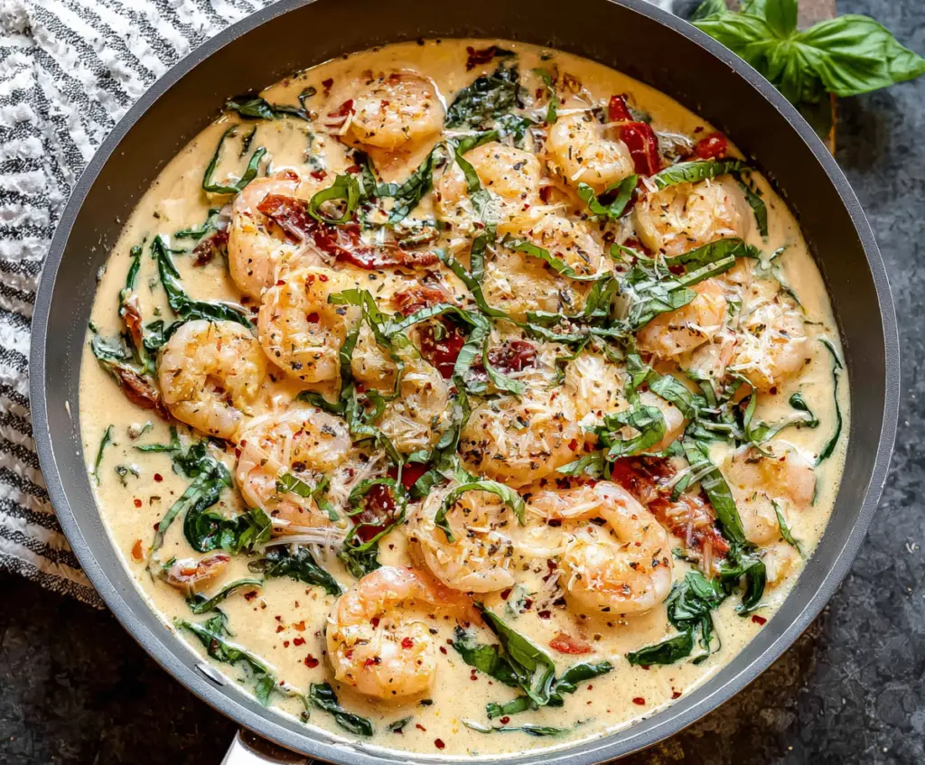 Creamy parmesan basil shrimp dish served on a white plate with fresh basil leaves.