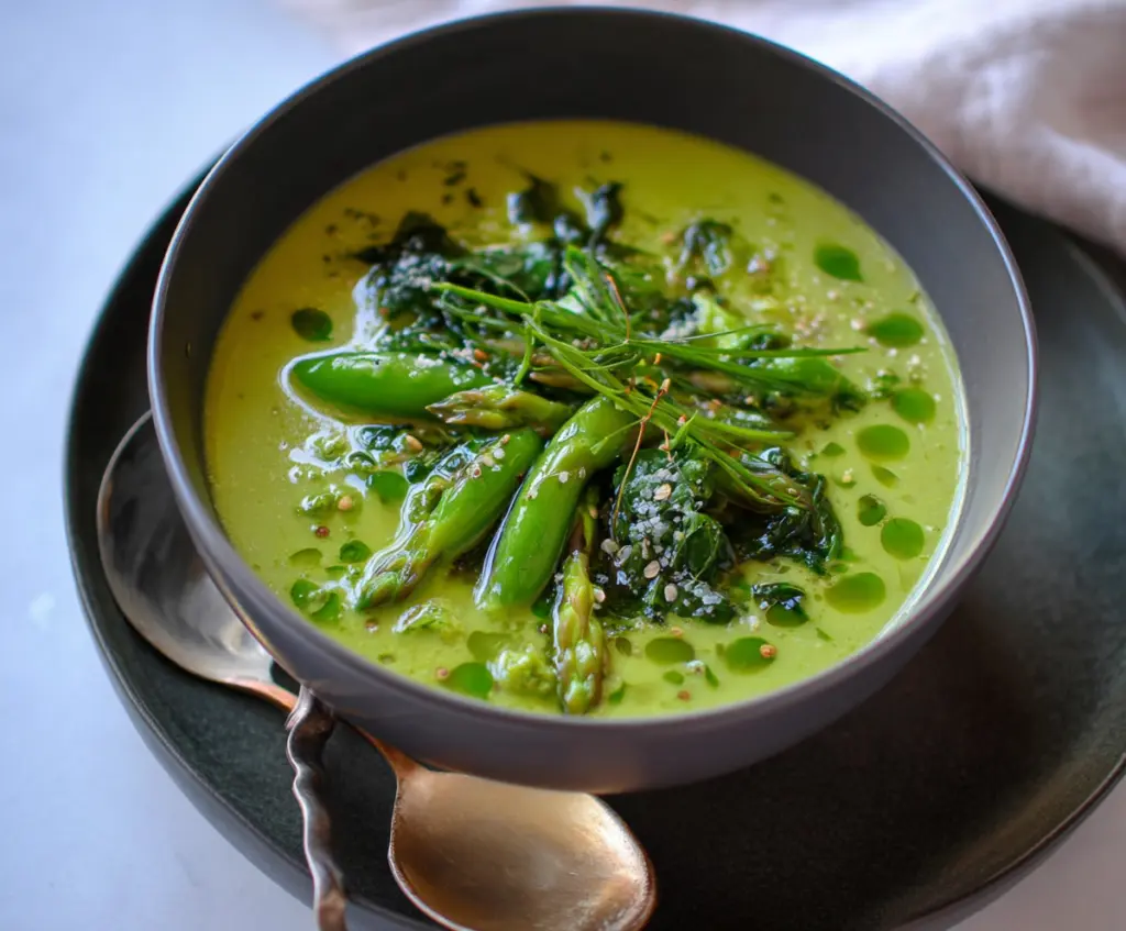 Creamy spring greens soup served in a rustic bowl with fresh herbs and crusty bread on the side.