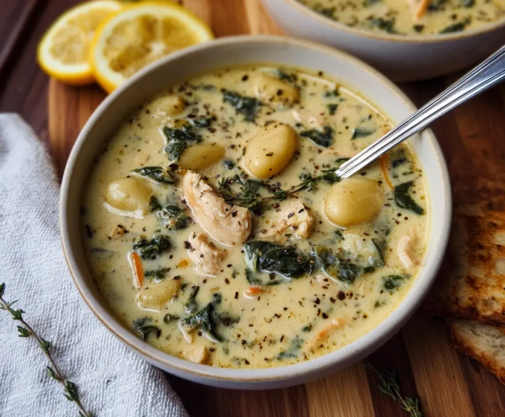 Creamy winter lemon chicken gnocchi soup in a bowl, garnished with fresh herbs.