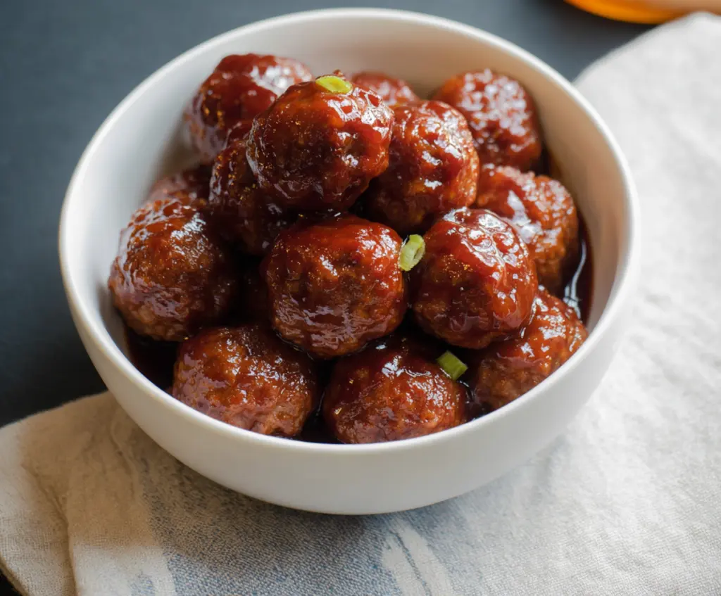 Delicious crock pot BBQ meatballs served in a bowl, perfect for parties and gatherings.