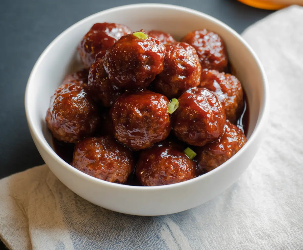 Delicious crock pot BBQ meatballs served in a bowl, perfect for parties and gatherings.