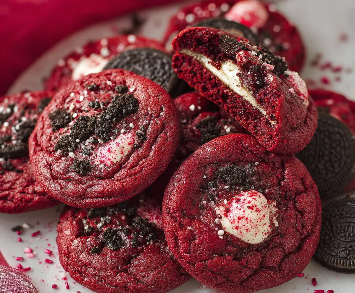 Delicious crushed Oreo cookies mixed with red velvet cake for a rich dessert