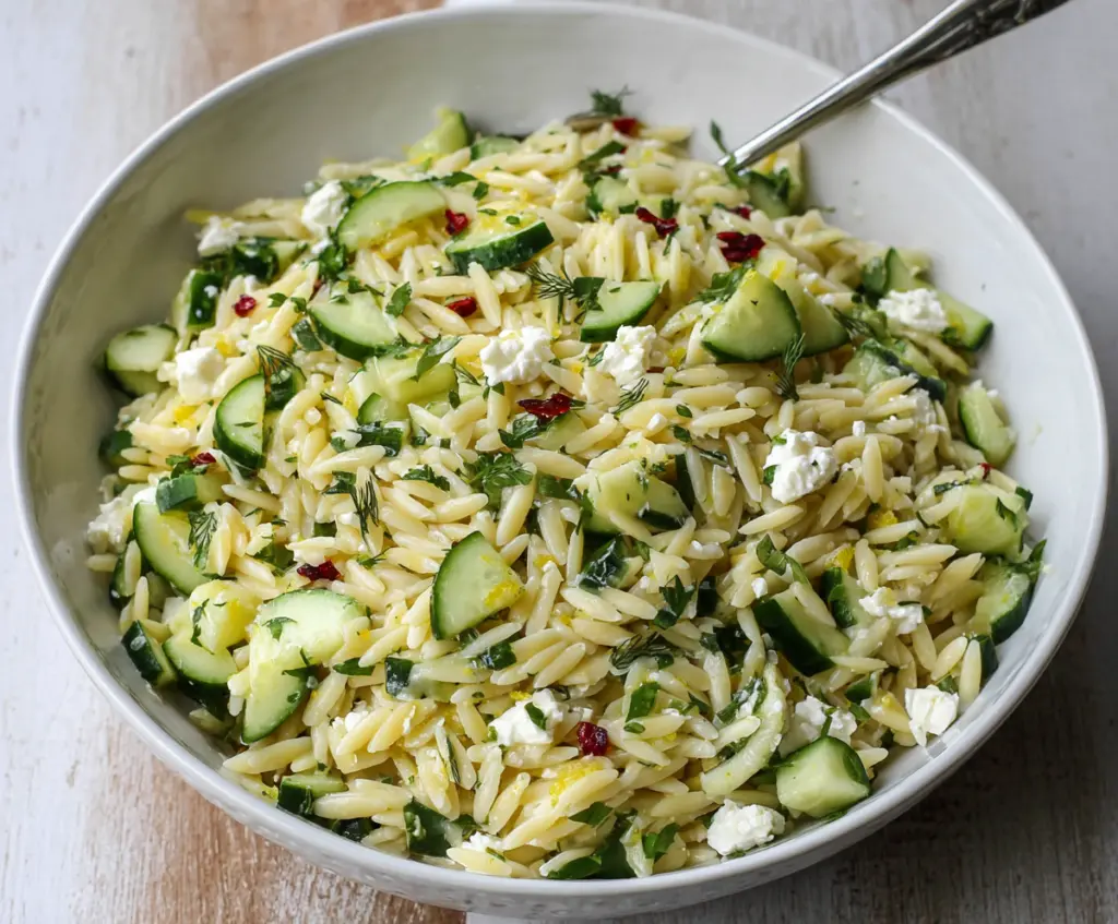 Refreshing cucumber lemon orzo salad with fresh herbs and zesty dressing