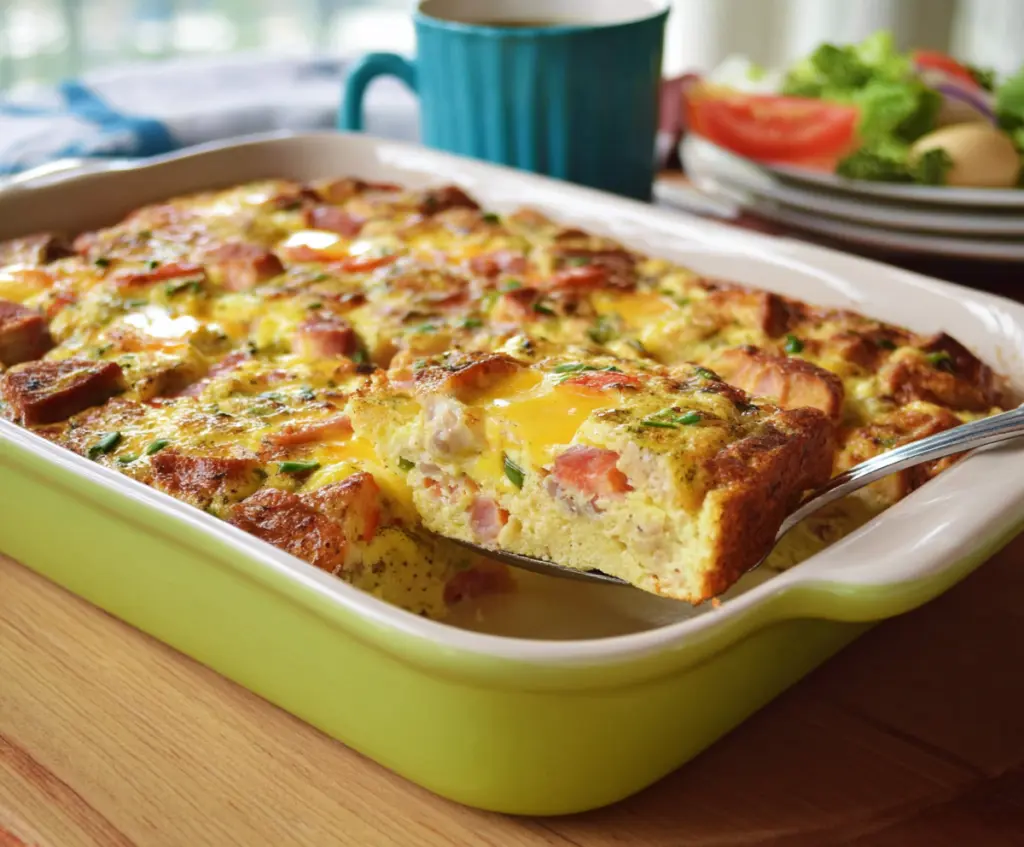 Delicious Easter Breakfast Casserole with eggs, cheese, and vegetables in a baked dish.