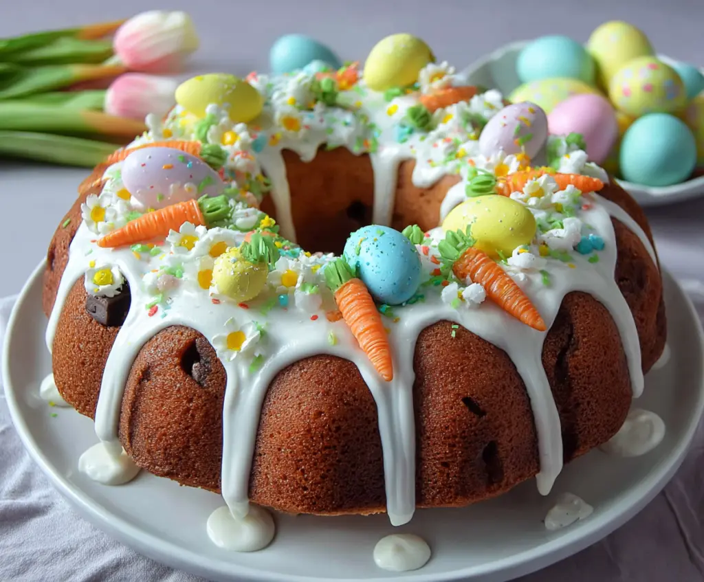 Delicious Easter Bundt Cake decorated with pastel-colored frosting and festive spring decorations.