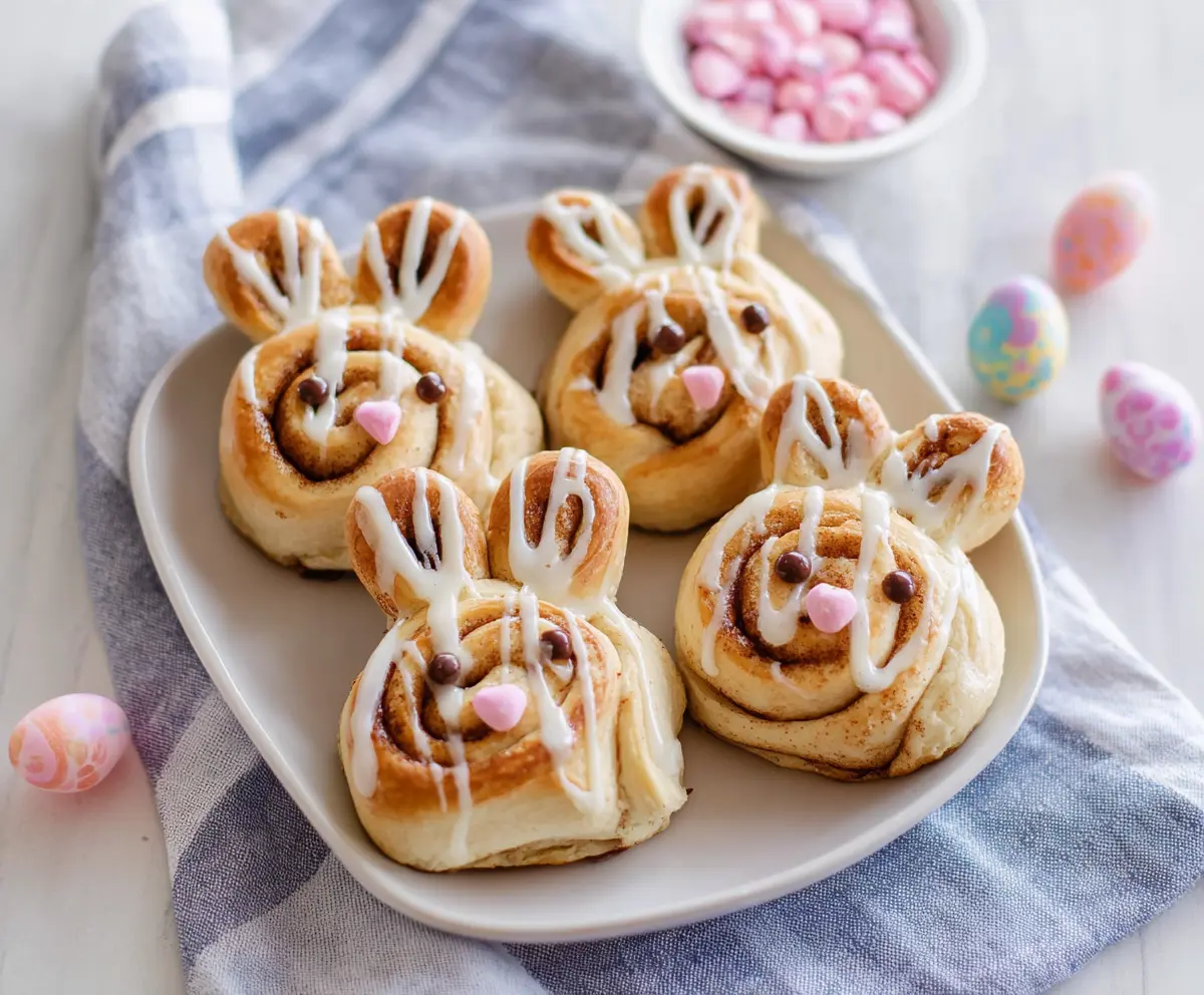 Delicious Easter Bunny Cinnamon Rolls with sweet icing and festive decoration for Easter celebration