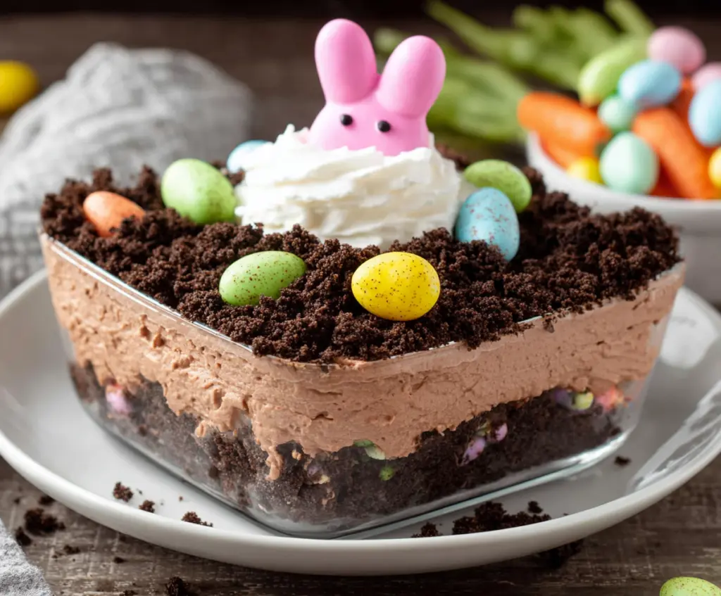 Delicious Easter Dirt Cake with chocolate crumbs and colorful candy Easter eggs on top.