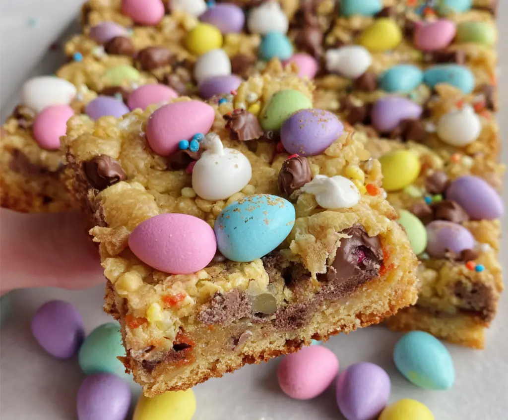 Delicious Easter Goody Bars with colorful candies and chocolate layers on a festive plate.