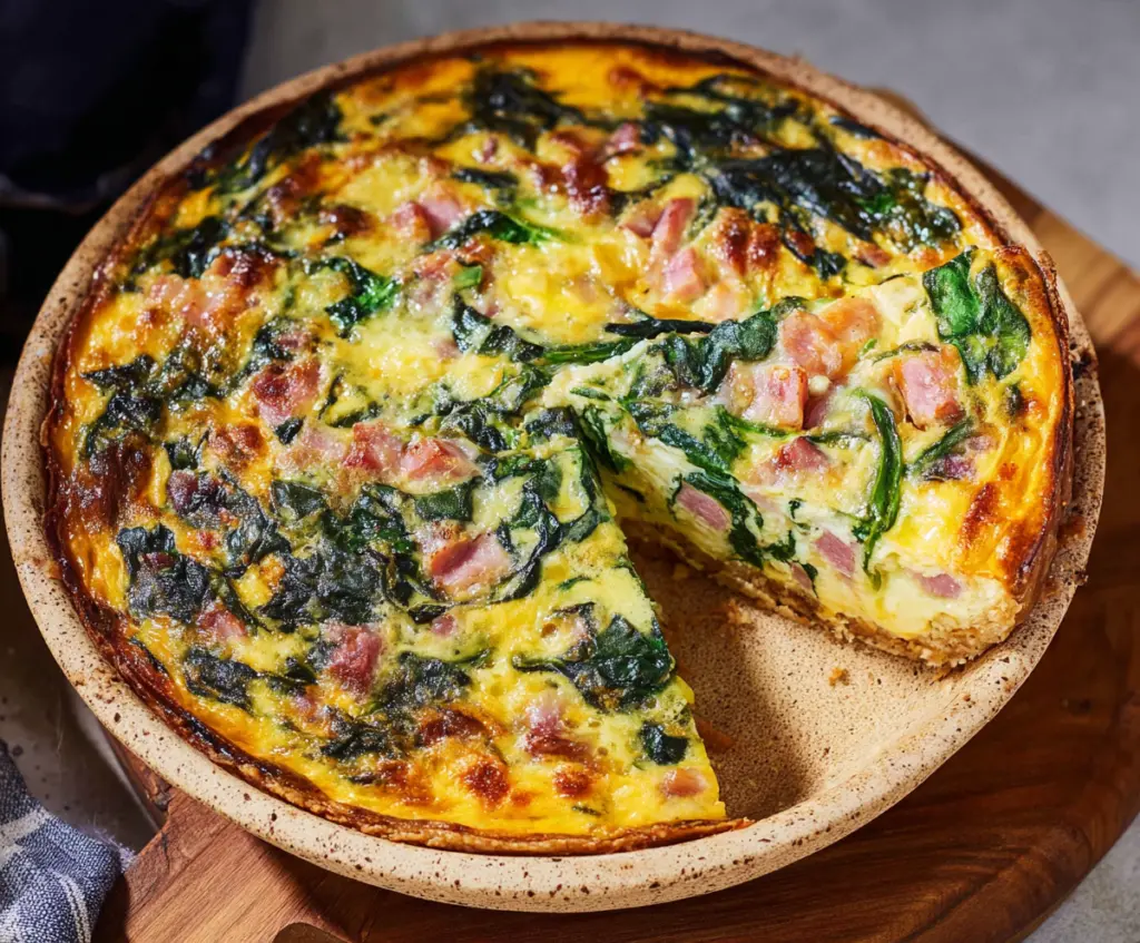 Delicious Easter Ham and Spinach Quiche served on a ceramic plate with fresh greens