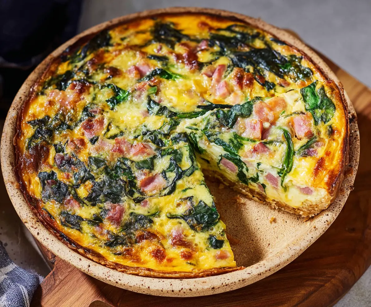 Delicious Easter Ham and Spinach Quiche served on a ceramic plate with fresh greens