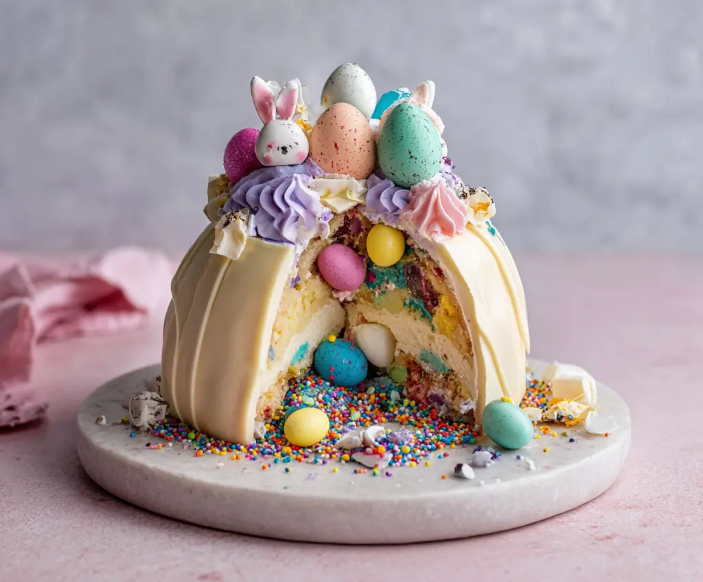 Delicious Epic Easter Egg Smash Cake with vibrant colorful eggs and festive decorations for Easter celebration