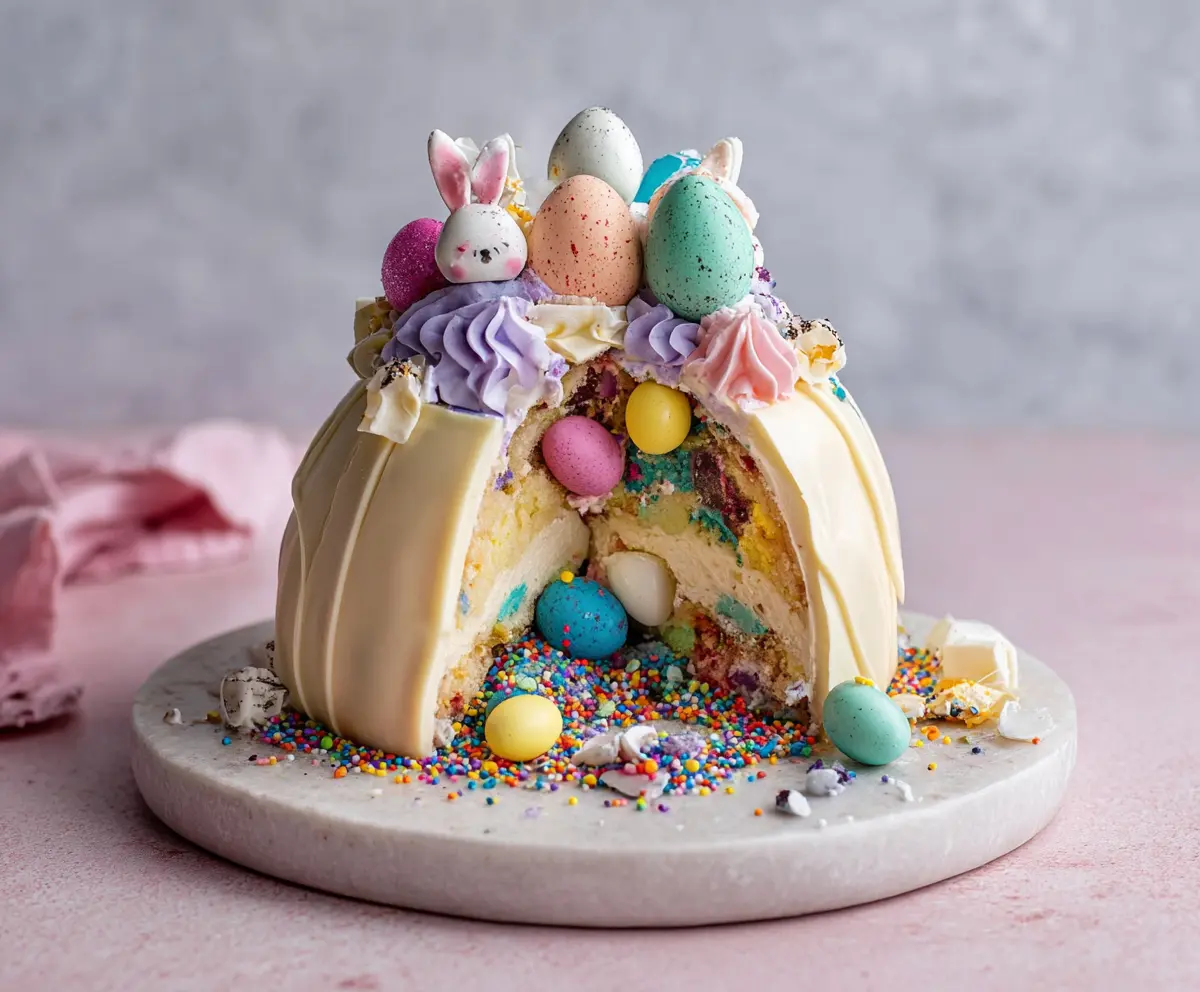 Delicious Epic Easter Egg Smash Cake with vibrant colorful eggs and festive decorations for Easter celebration