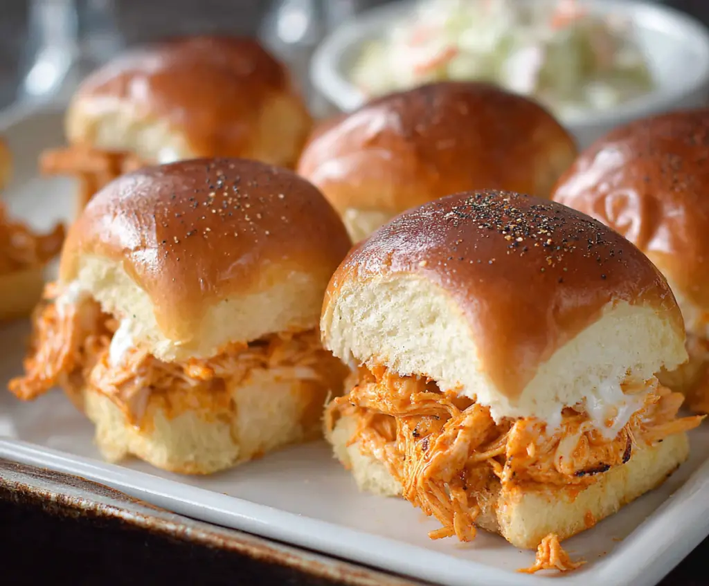 Delicious Fiery Buffalo Chicken Sliders Bake on a plate with fresh sides