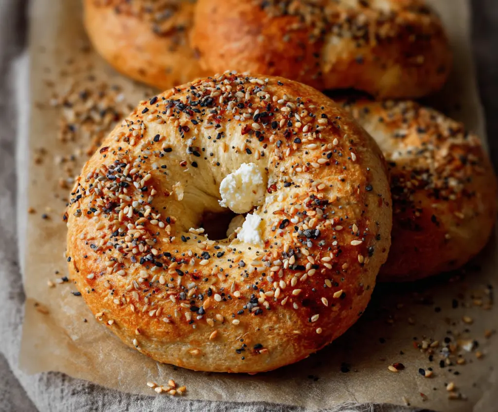 Delicious fluffy cottage cheese almond flour bagel on a wooden board, perfect for healthy breakfast or snack.
