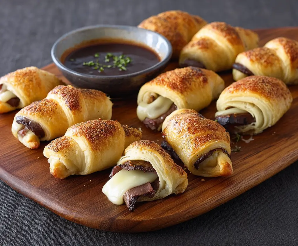 Delicious French Dip Crescents filled with tender roast beef and melted cheese, perfect for a savory appetizer or main dish.