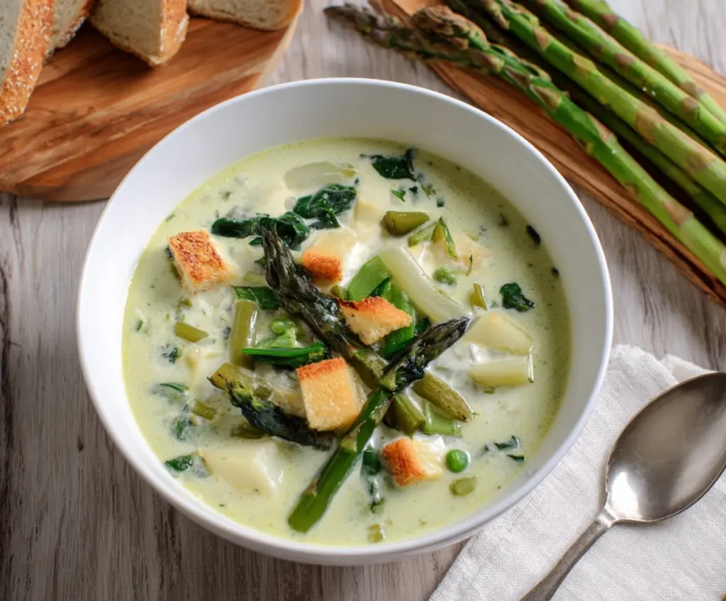 Delicious French Spring Soup with fresh vegetables and herbs served in a bowl.