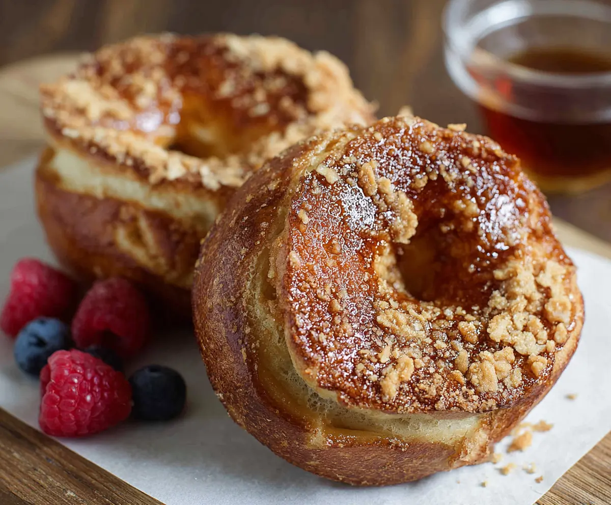 Golden French Toast Bagels topped with powdered sugar and fresh berries, served on a rustic plate.