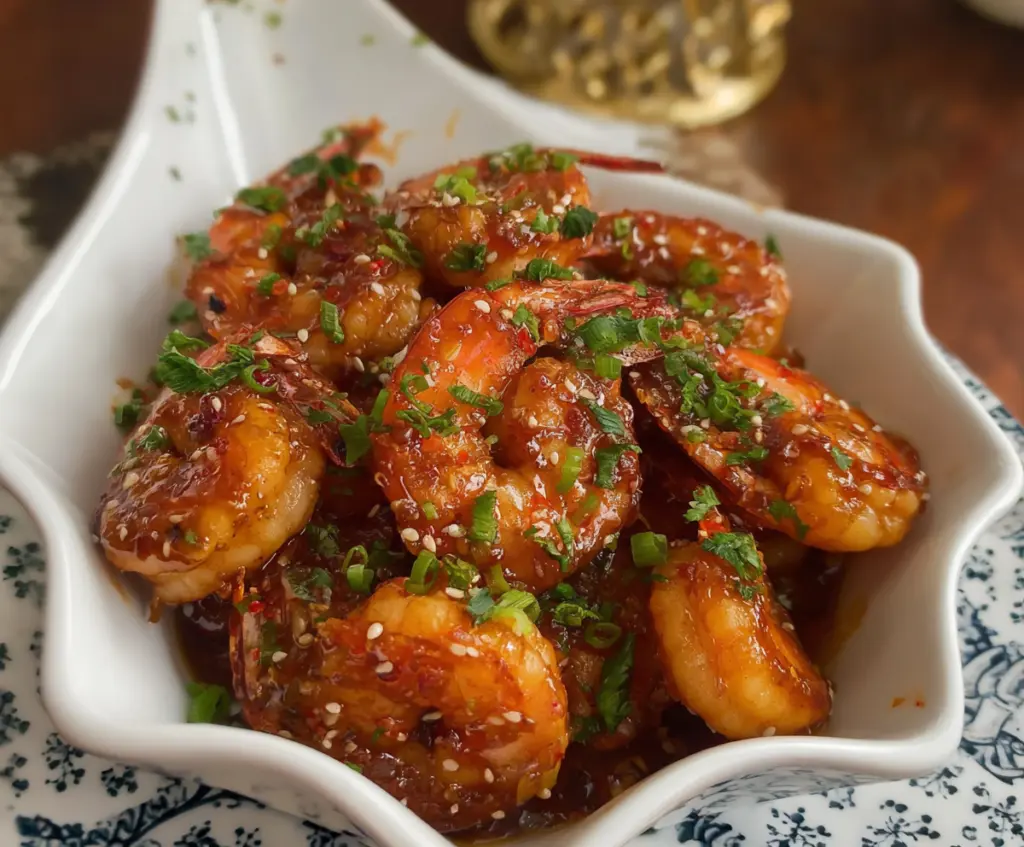 Delicious ginger honey glazed shrimp served on a plate, highlighting a savory seafood dish.