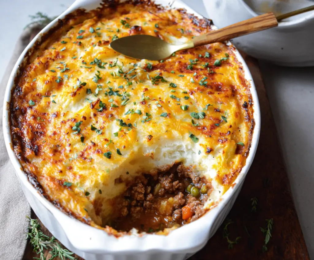 Savory gluten-free shepherd's pie topped with mashed potatoes and fresh herbs.