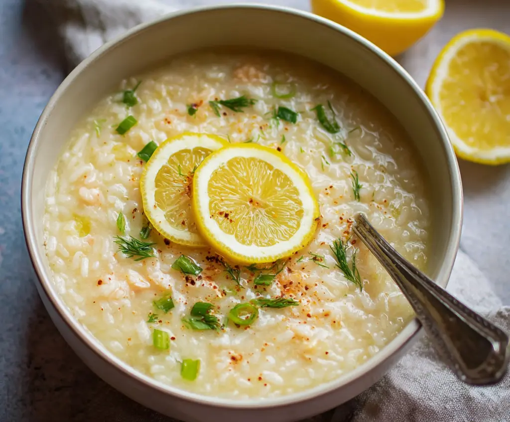 Delicious Greek Lemon Rice Soup served in a bowl with fresh herbs and lemon slices
