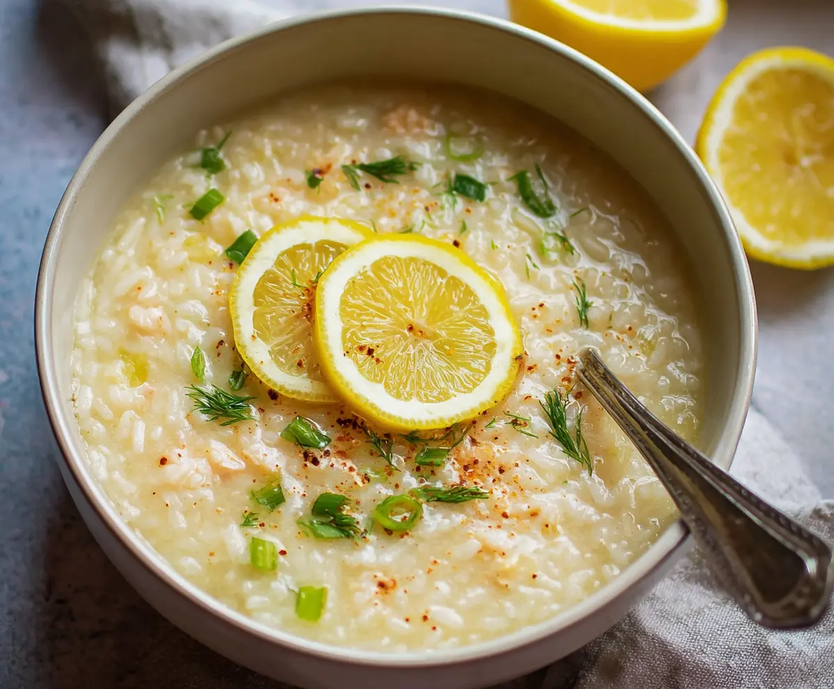 Delicious Greek Lemon Rice Soup served in a bowl with fresh herbs and lemon slices