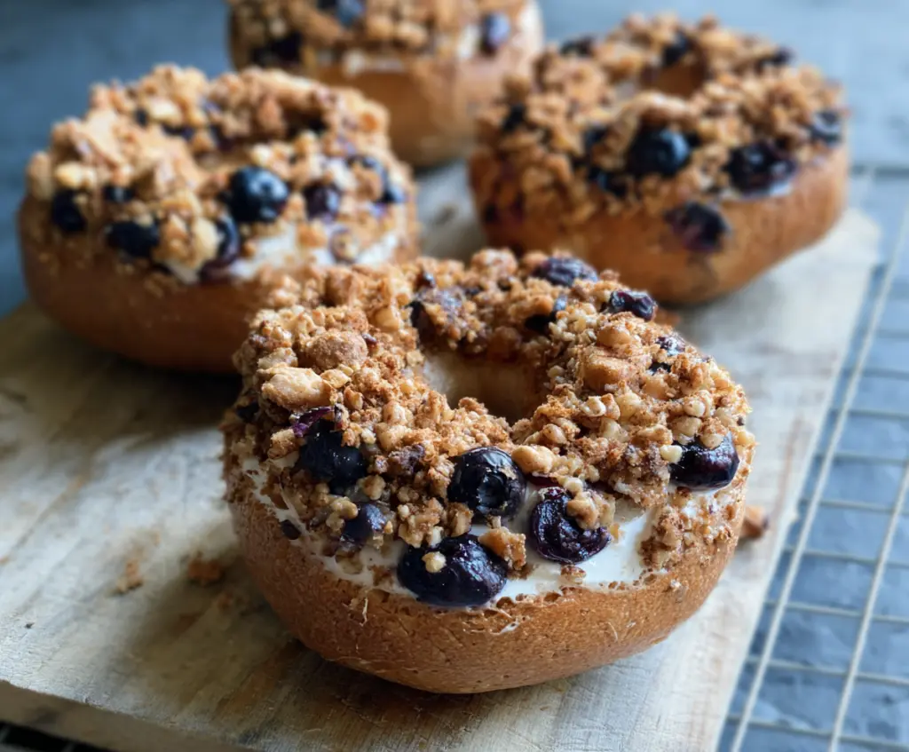 Fresh Greek yogurt and blueberry crunch bagels on a serving plate, perfect for a healthy breakfast.