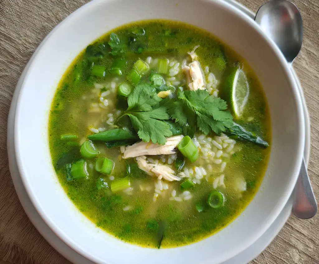 Healthy green garlic and ginger chicken rice soup in a bowl, perfect for boosting immunity and featuring fresh herbs and spices.