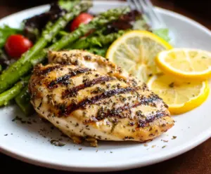 Juicy grilled lemon pepper chicken breasts with char marks on a serving platter.