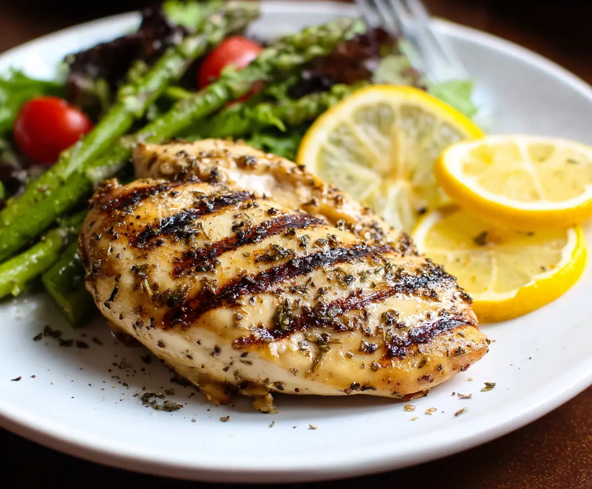 Juicy grilled lemon pepper chicken breasts with char marks on a serving platter.