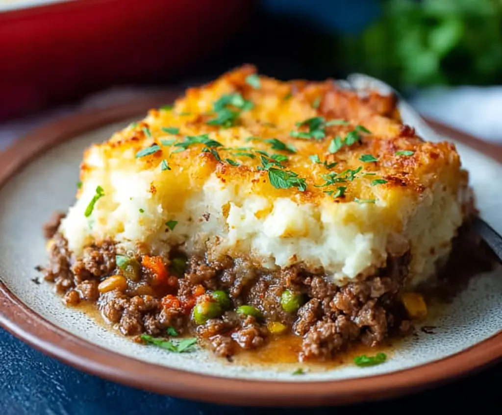 Delicious homemade Ground Beef Shepherd's Pie with a golden mashed potato topping and savory beef filling.
