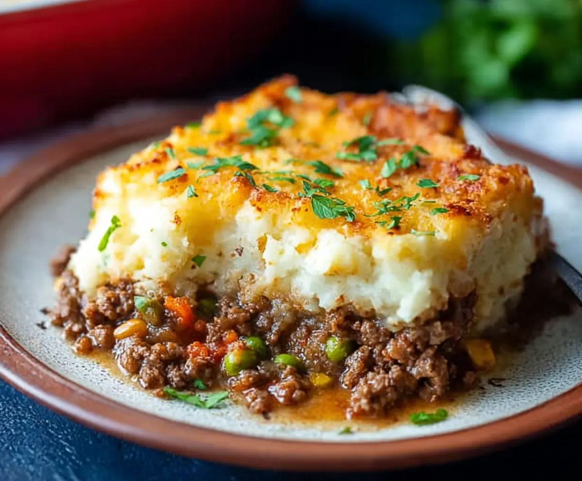 Delicious homemade Ground Beef Shepherd's Pie with a golden mashed potato topping and savory beef filling.