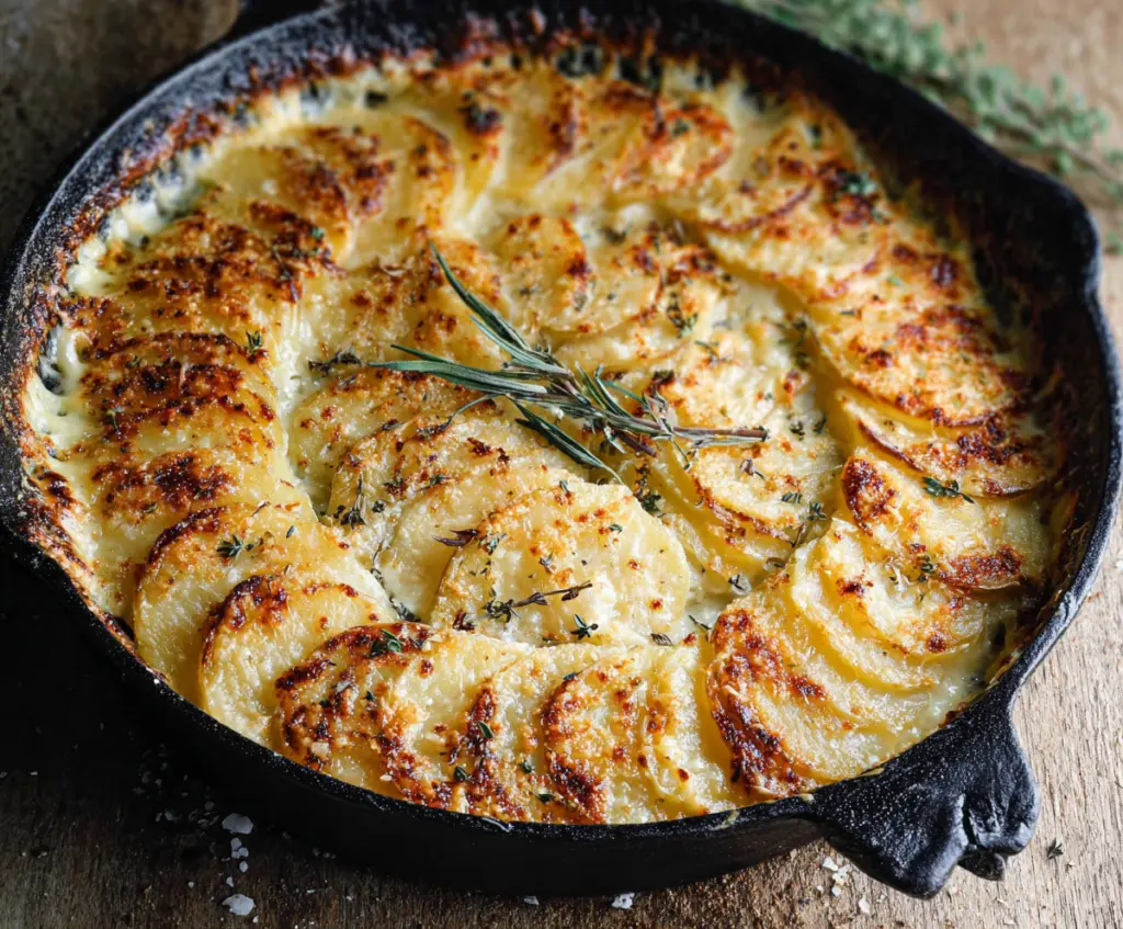 Golden Gruyere Potato Gratin with melted cheese and crispy edges on a rustic plate.