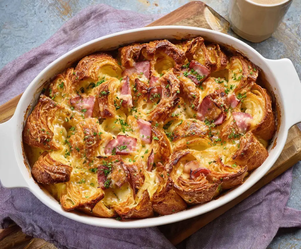 Delicious ham and cheese croissant brunch bake served hot with melted cheese and crispy croissants.