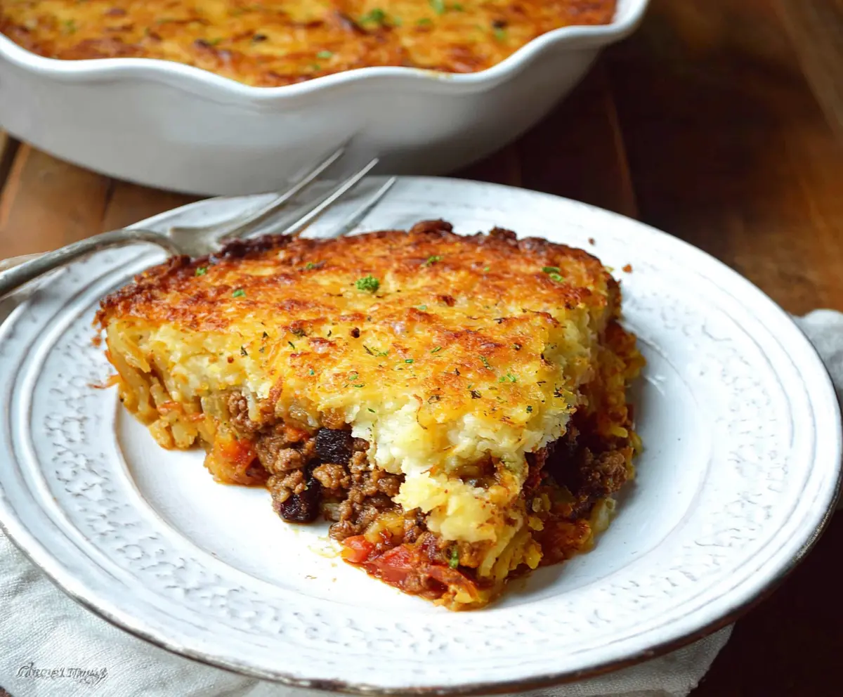 Delicious Hash Brown Shepherd's Pie topped with crispy golden hash browns and savory filling.