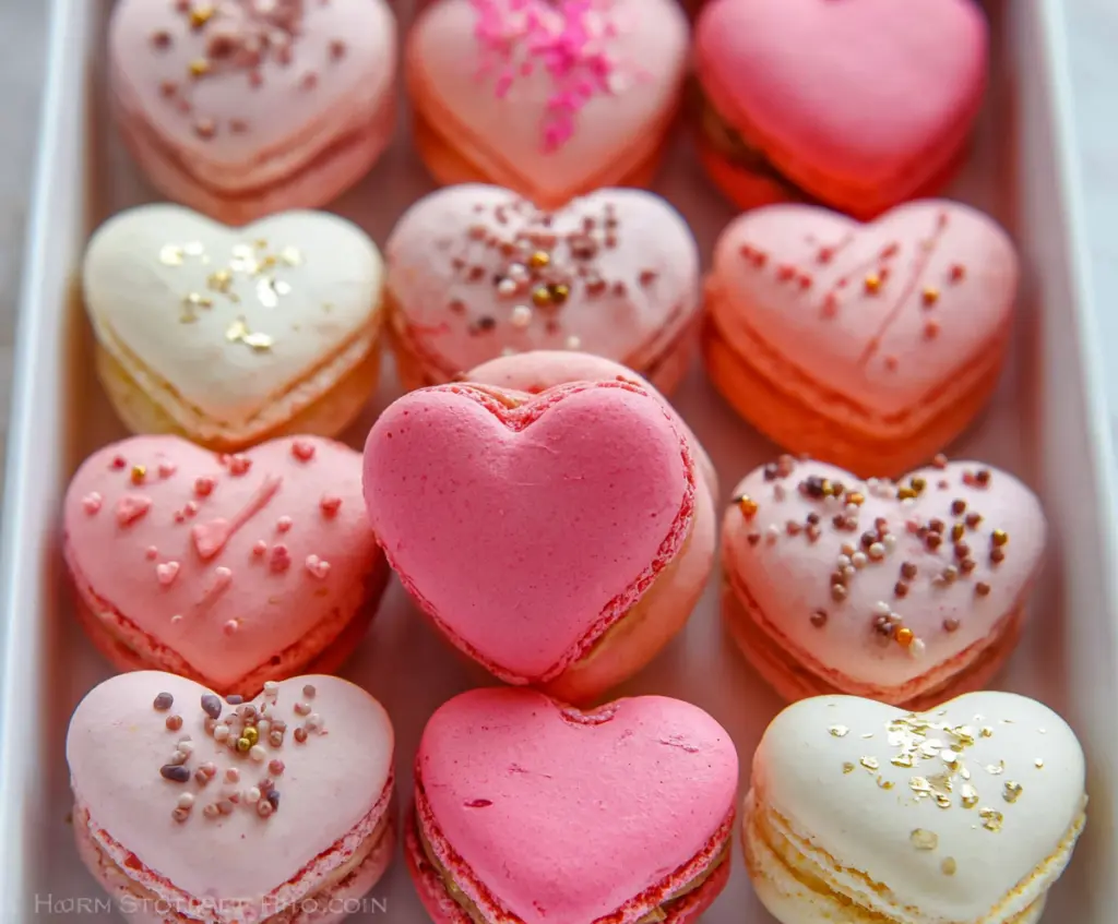 Delicious heart-shaped macarons with a smooth pastel pink finish for romantic desserts