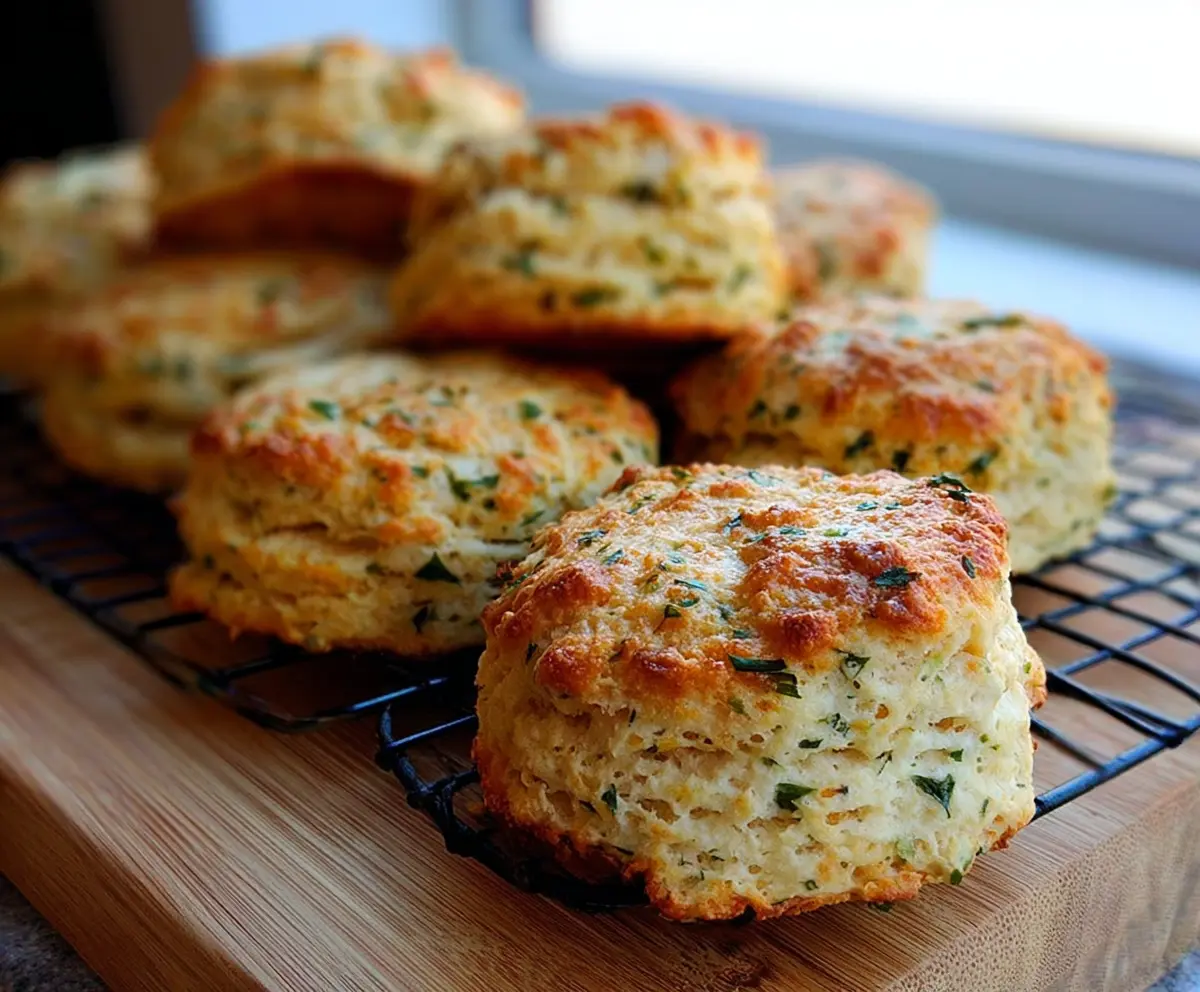 Golden herbed cottage cheese biscuits served on a rustic plate, perfect for a savory snack.